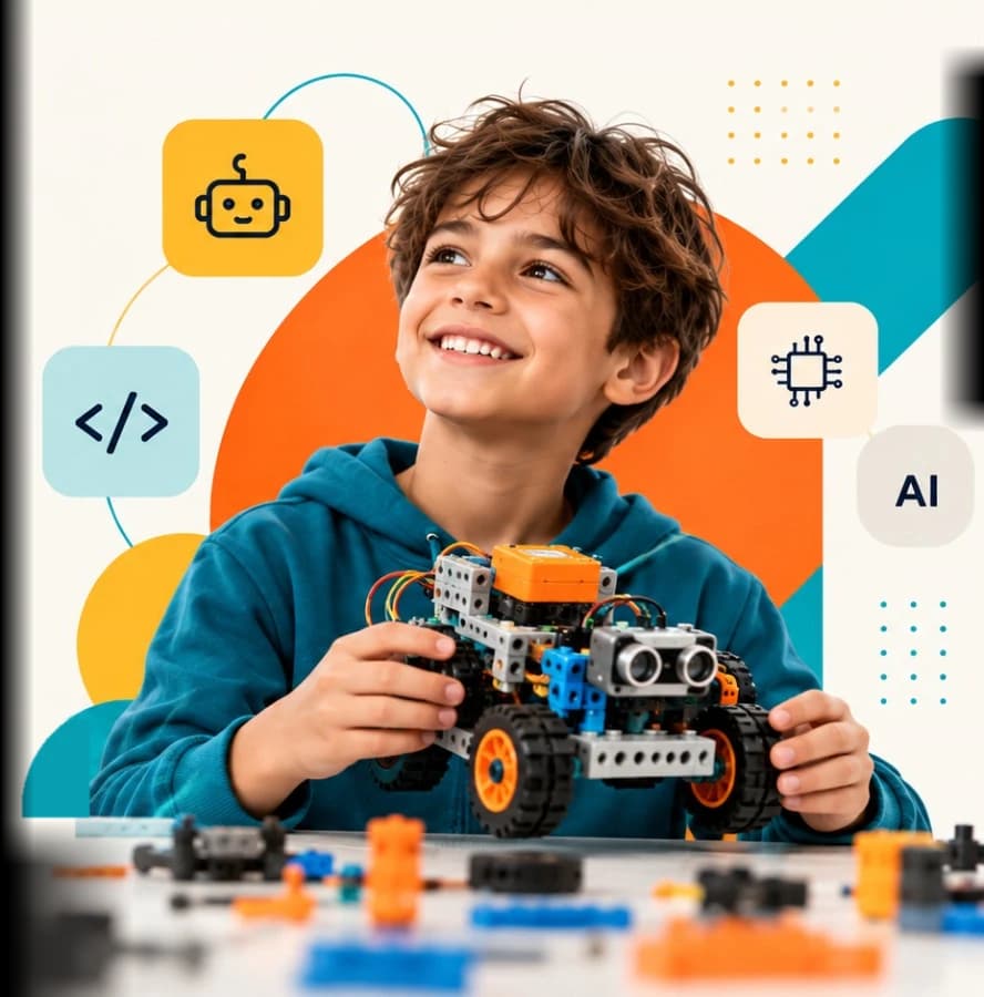 A smiling boy holding a robot car he built from a robotics kit