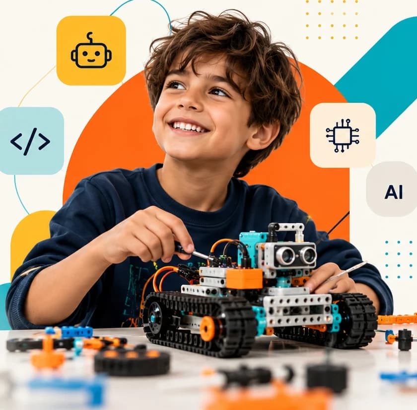 Child working with a ROBITRO robotics project