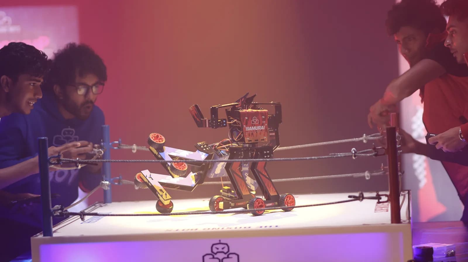 Young builders leaning over the ring, watching their robots compete