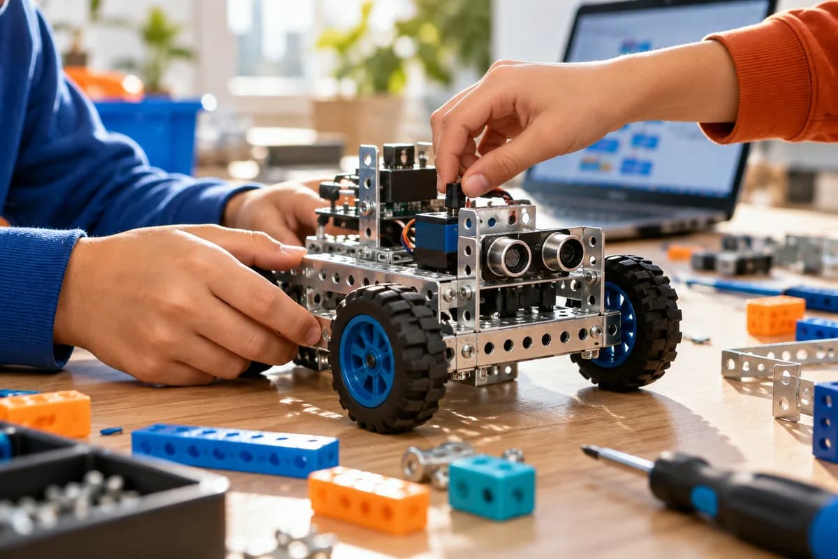 Children building a robot with an ultrasonic sensor