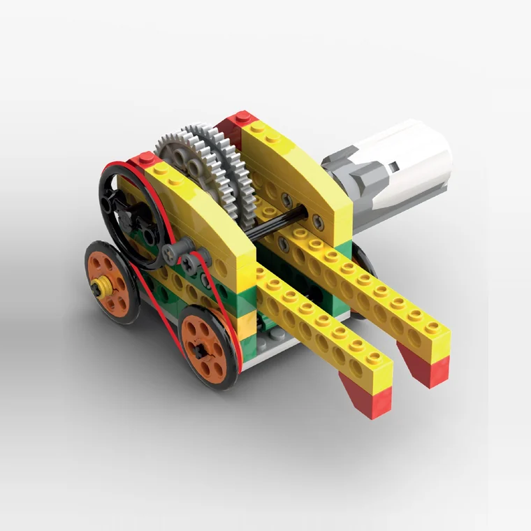 Brick-built racer with a belt and gear train