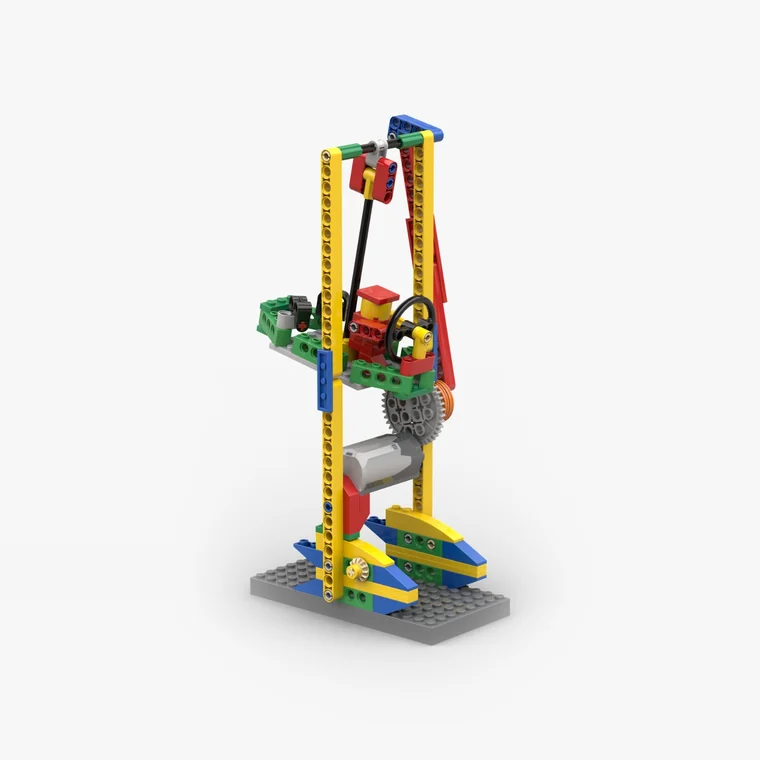 Brick-built pulley rig lifting a weight